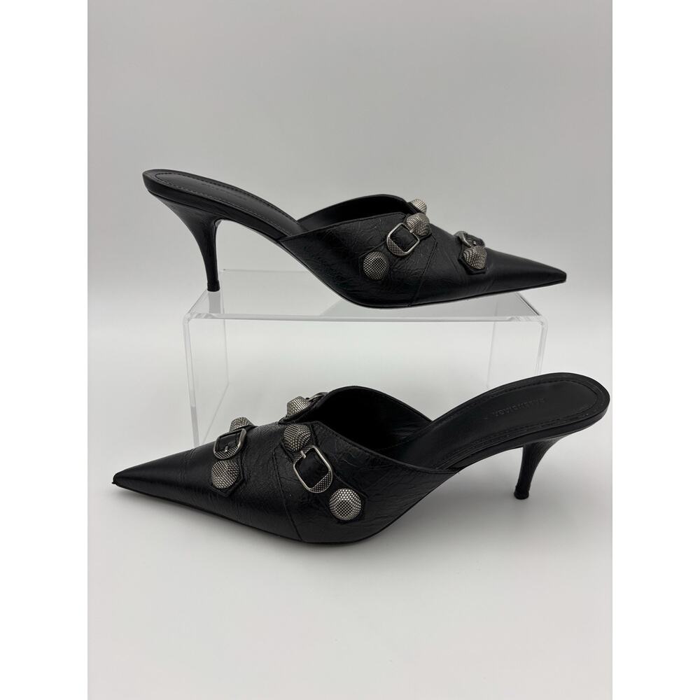 Balenciaga Point Toe Mules Black Leather Studded Size 39 / 9 Kitten Heel - Picture 3 of 16